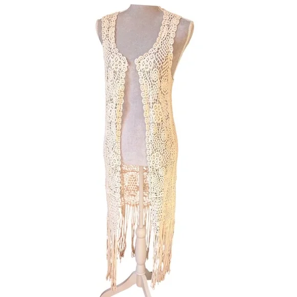 Adiva Crochet Duster Vest Womens Medium Cream Boho Fringe Longline Open Front - Picture 6 of 8